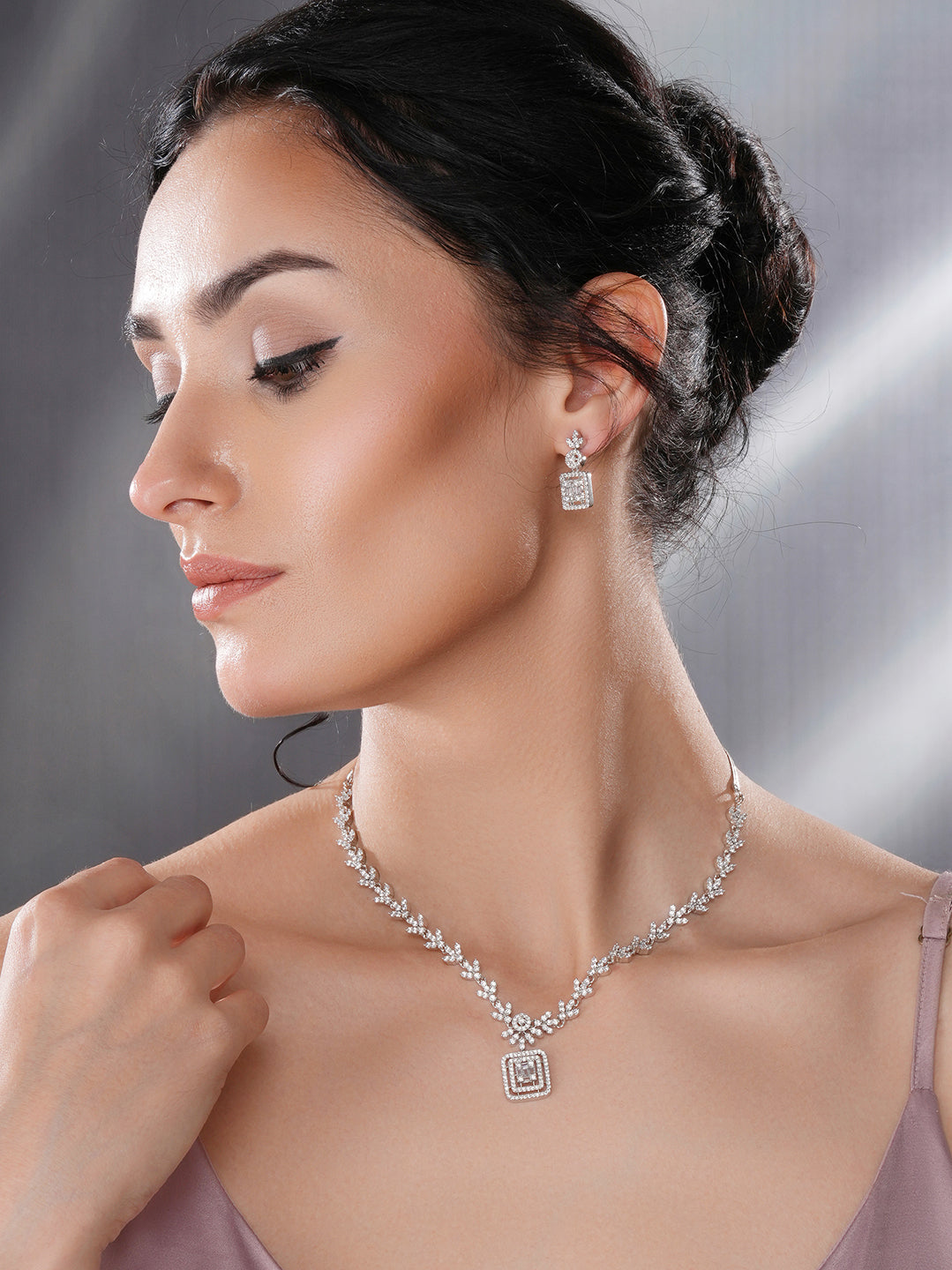 White Rhodium Cubic  Zircon Studded Delicate Square Pendant  Necklace Jewellery  Set