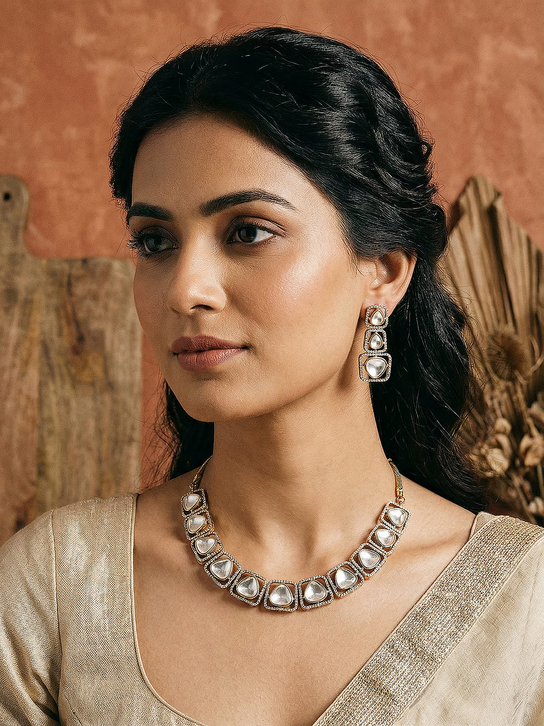 Gold-Toned Kundan Polki Square Motif Statement Necklace and Earrings Set