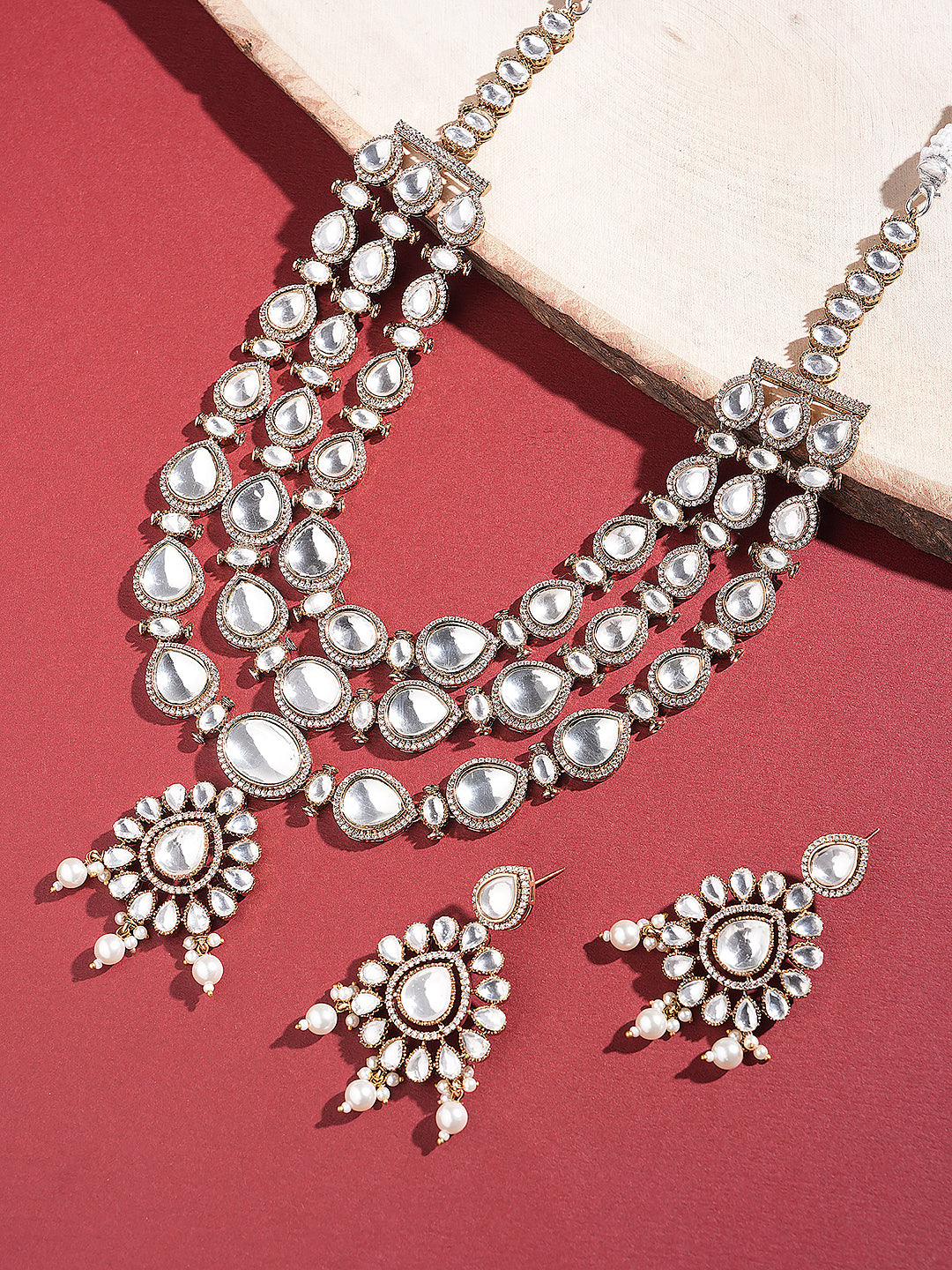 Gold Antique Uncut Polki Kundan Layered Statement Bridal Jewellery Set