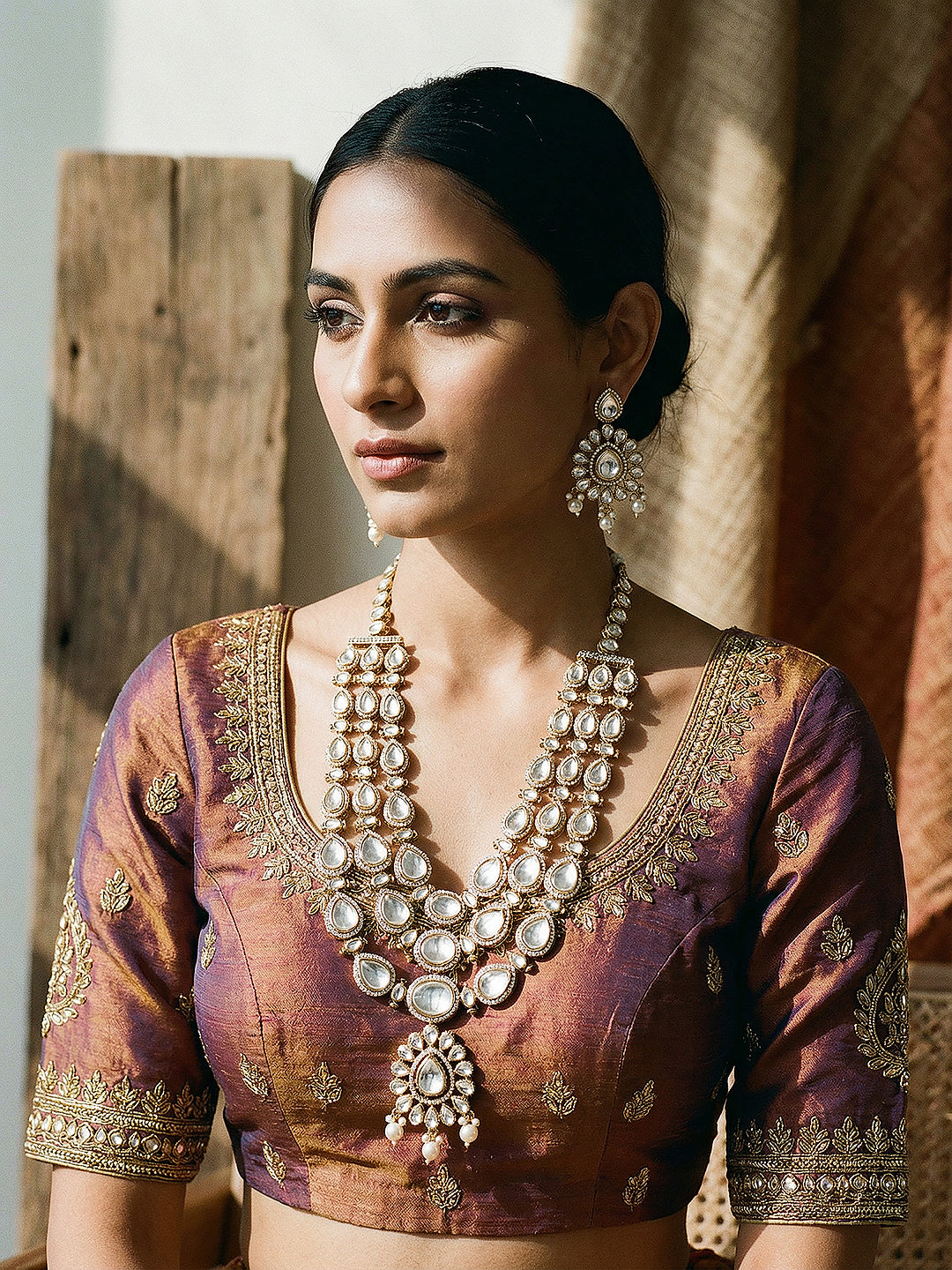 Gold Antique Uncut Polki Kundan Layered Statement Bridal Jewellery Set