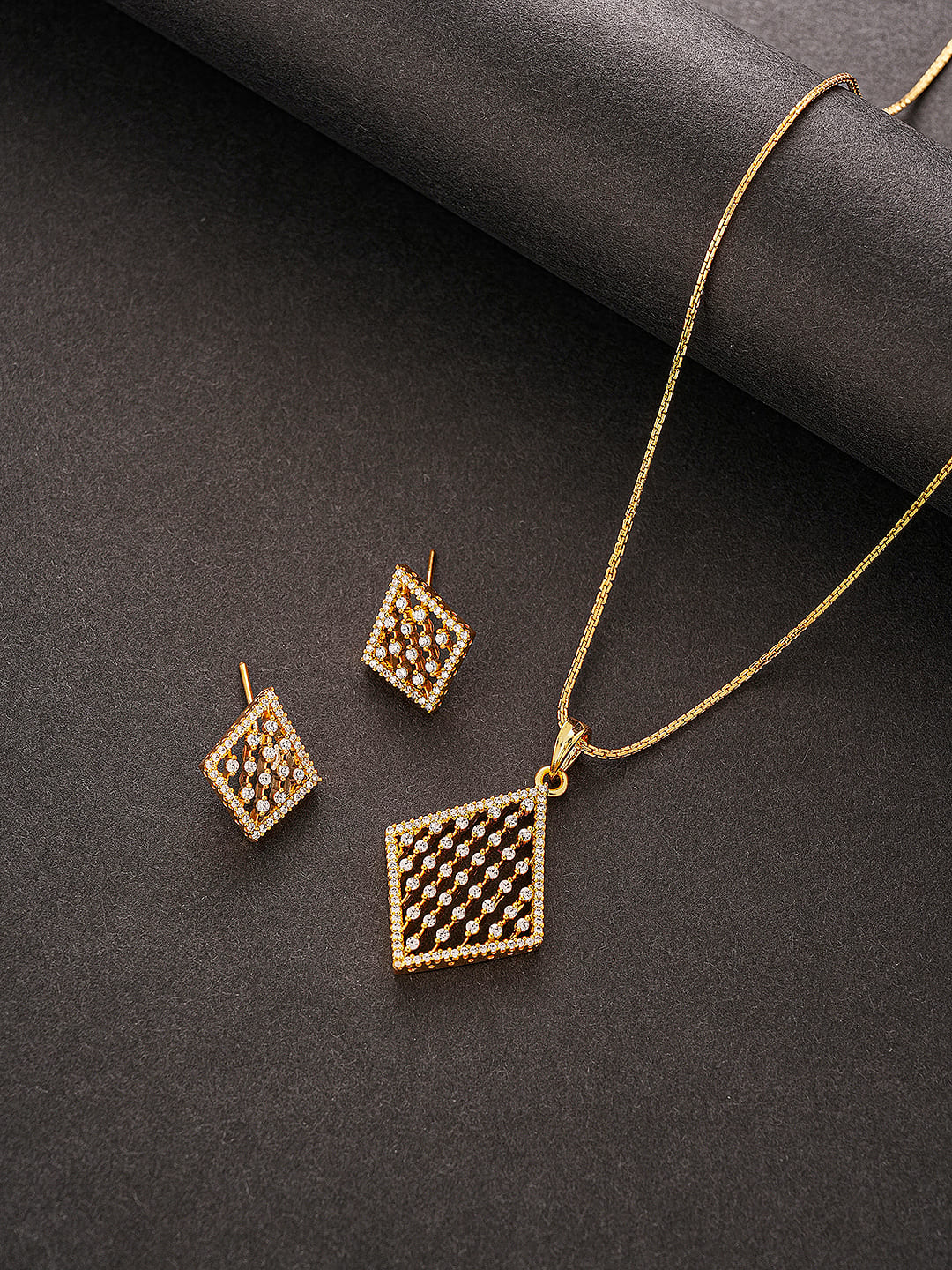 Gold Toned White AD Zircon Geometric Delicate Pendant Jewellery Set