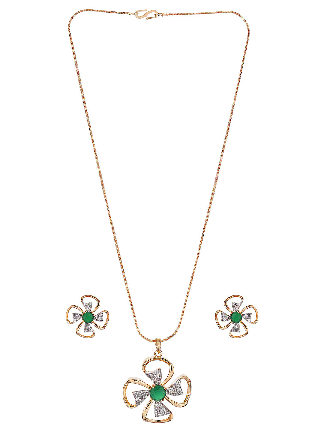 Gold Toned AD Studded Designer Minimal Floral Pendant Jewellery Set
