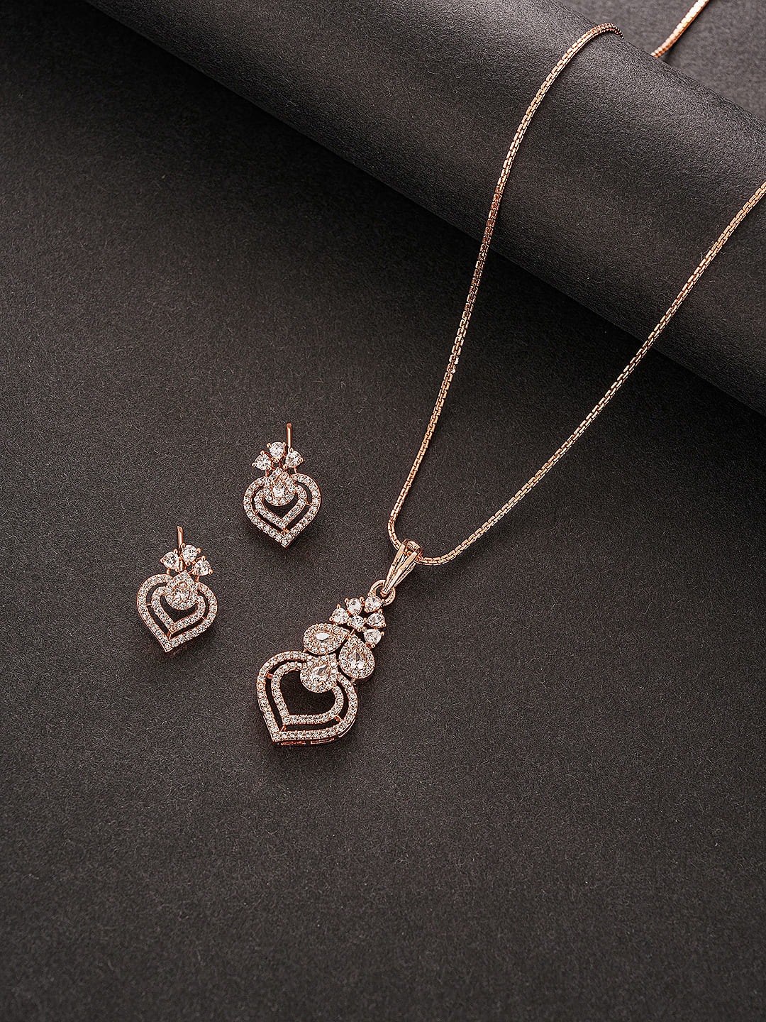 Rose Toned AD Zircon Studed Delicate Minimal Floral Pendant Jewellery Set