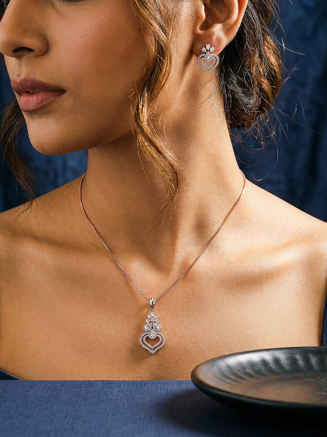 Rose Toned AD Zircon Studed Delicate Minimal Floral Pendant Jewellery Set