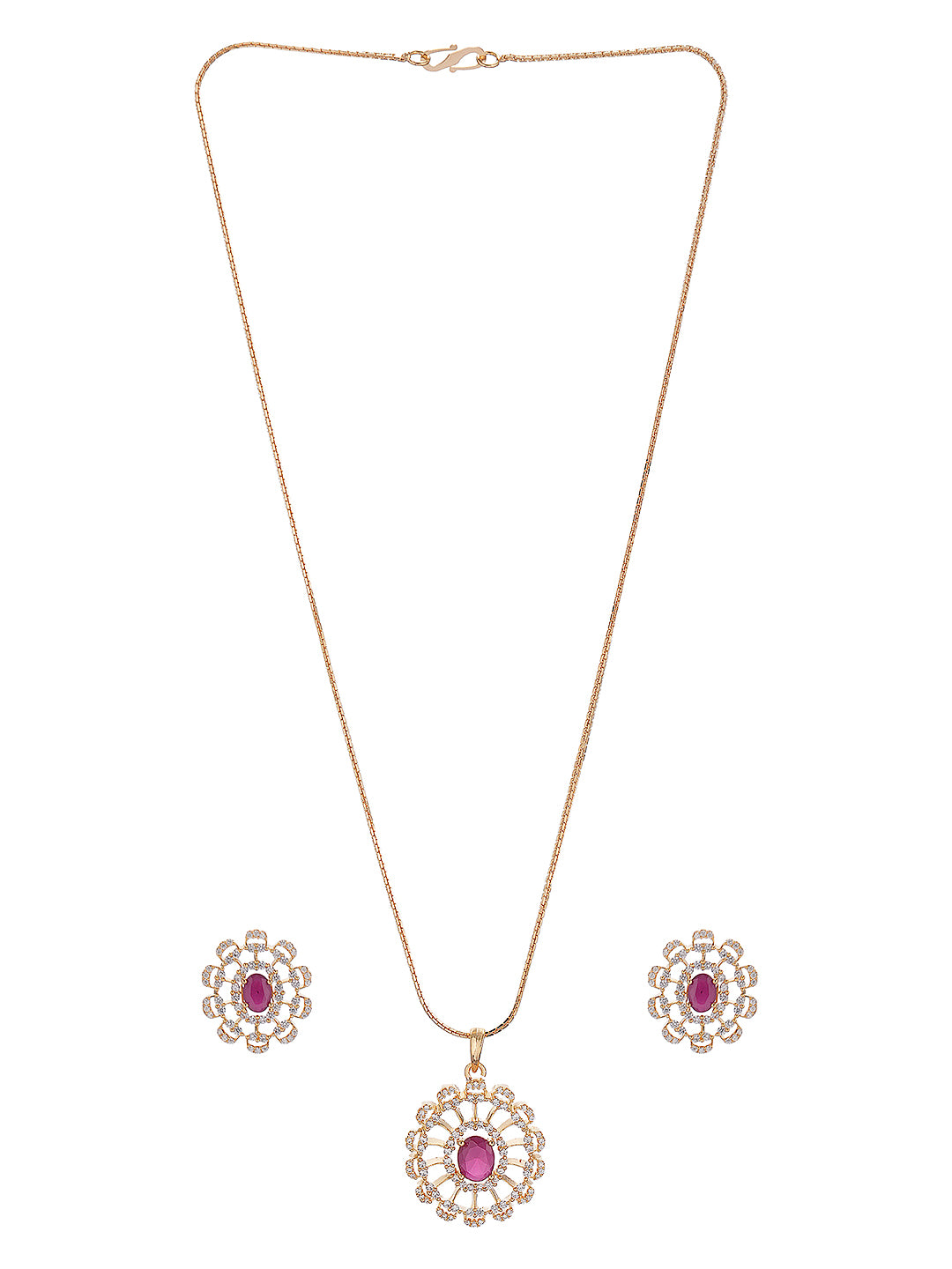 Gold Toned Red Zircon Studded Floral Minimal Drop Pendant Jewellery Set