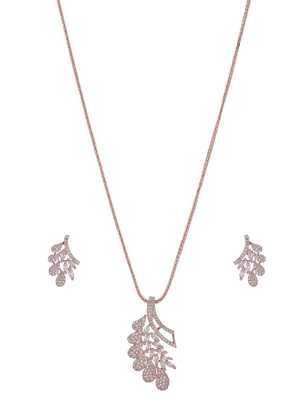 Rose Toned White Zircon Studded Leaf Motif Minimal Pendant Jewellery Set
