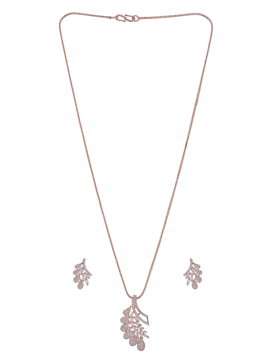Rose Toned White Zircon Studded Leaf Motif Minimal Pendant Jewellery Set