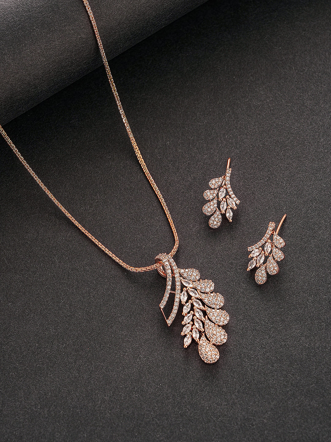 Rose Toned White Zircon Studded Leaf Motif Minimal Pendant Jewellery Set