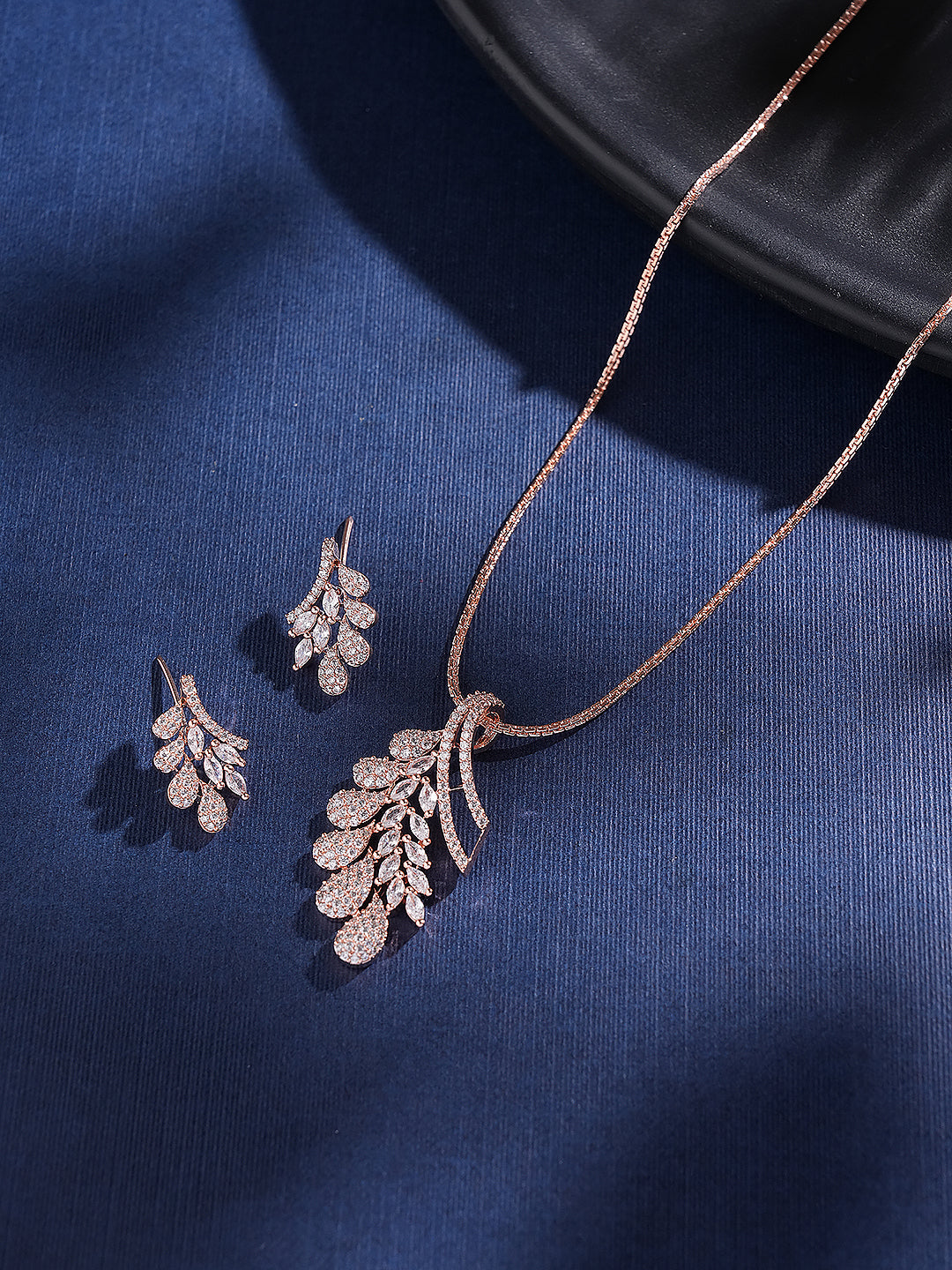 Rose Toned White Zircon Studded Leaf Motif Minimal Pendant Jewellery Set