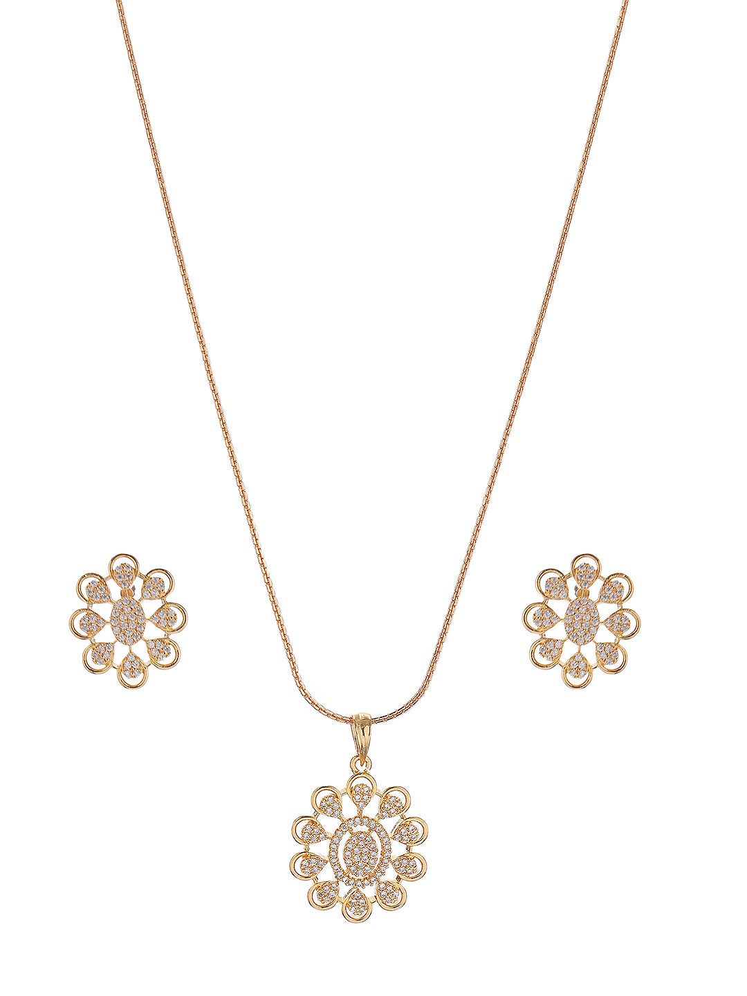 Gold Plated White Zircon Studded Floral Minial Drop Pendant Jewellery Set