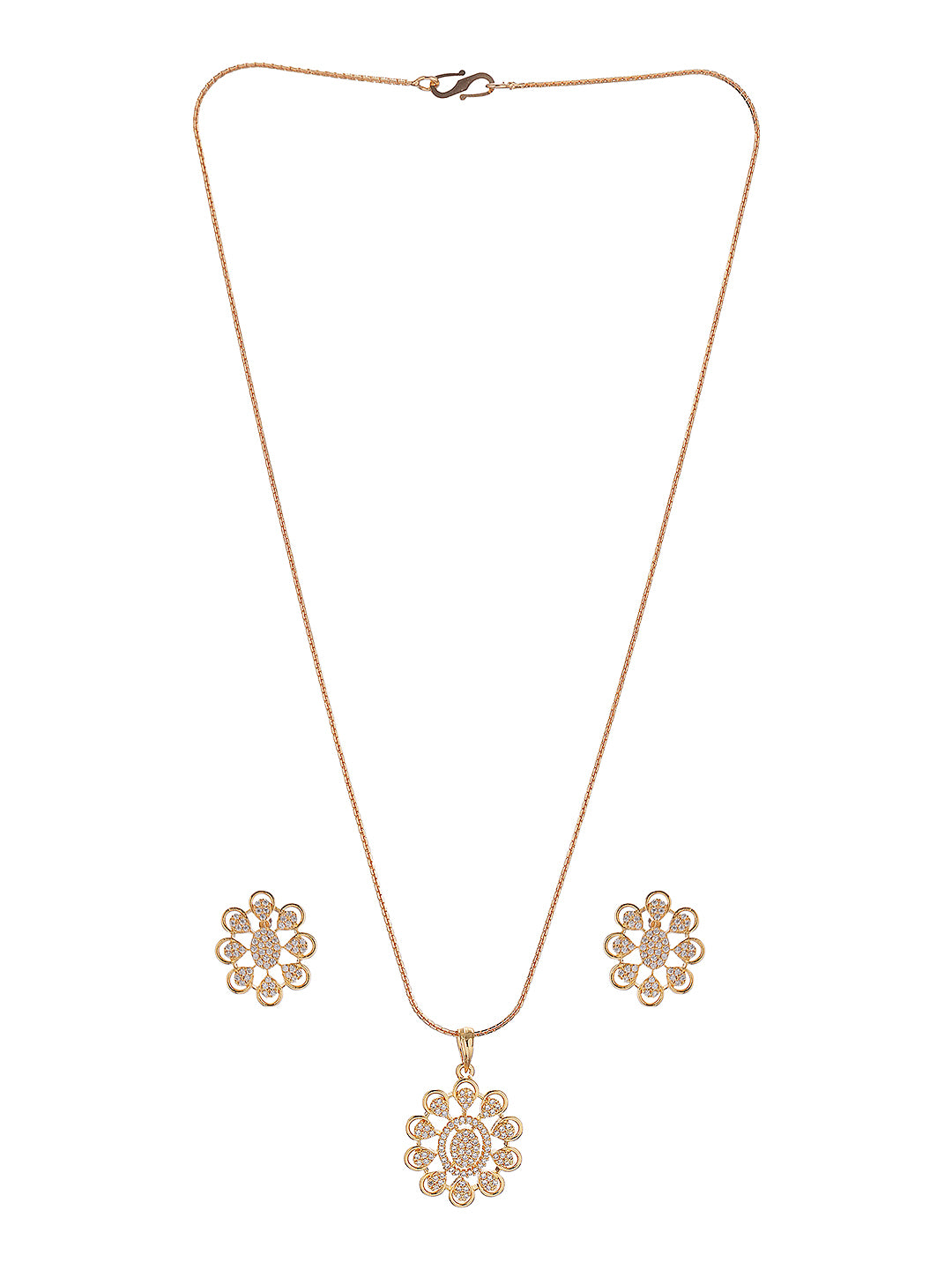 Gold Plated White Zircon Studded Floral Minial Drop Pendant Jewellery Set