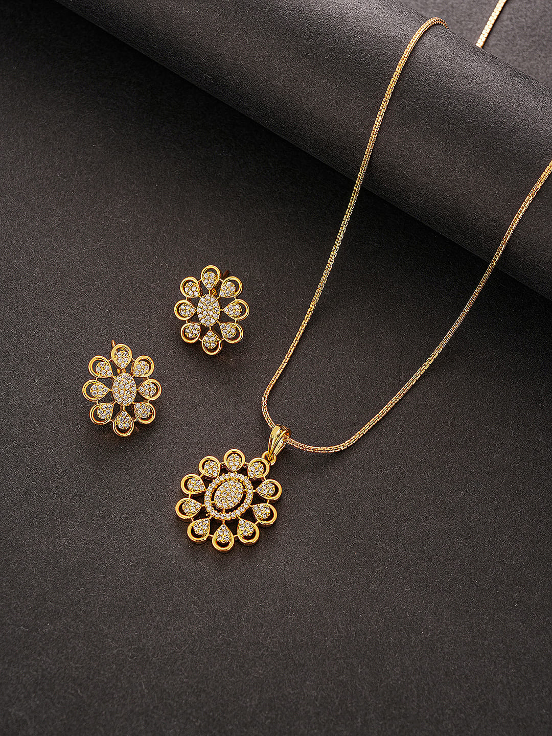 Gold Plated White Zircon Studded Floral Minial Drop Pendant Jewellery Set