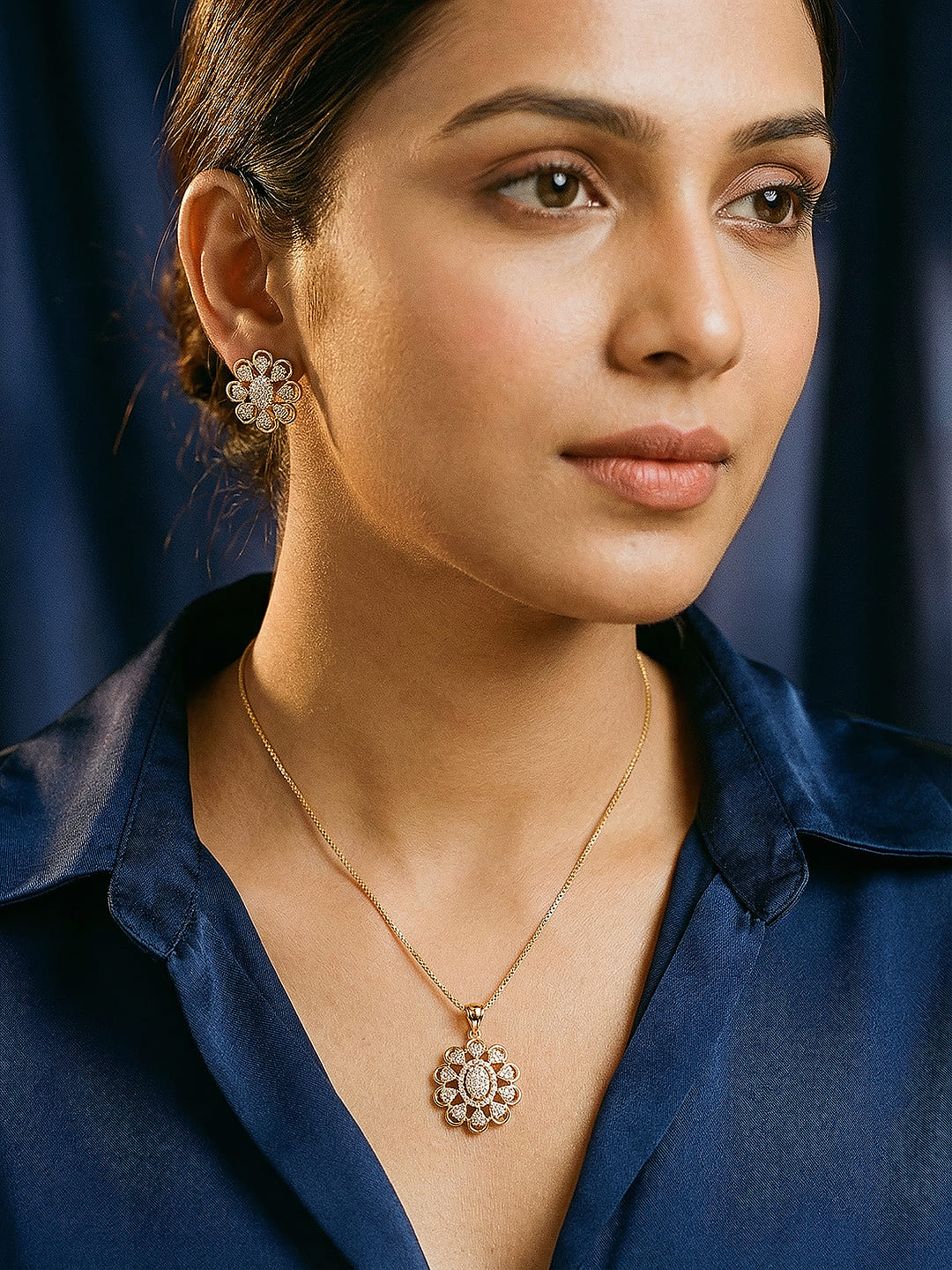 Gold Plated White Zircon Studded Floral Minial Drop Pendant Jewellery Set