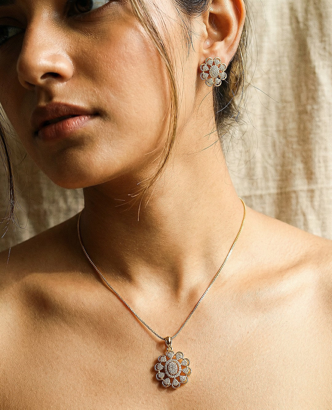 Gold Plated White Zircon Studded Floral Minial Drop Pendant Jewellery Set