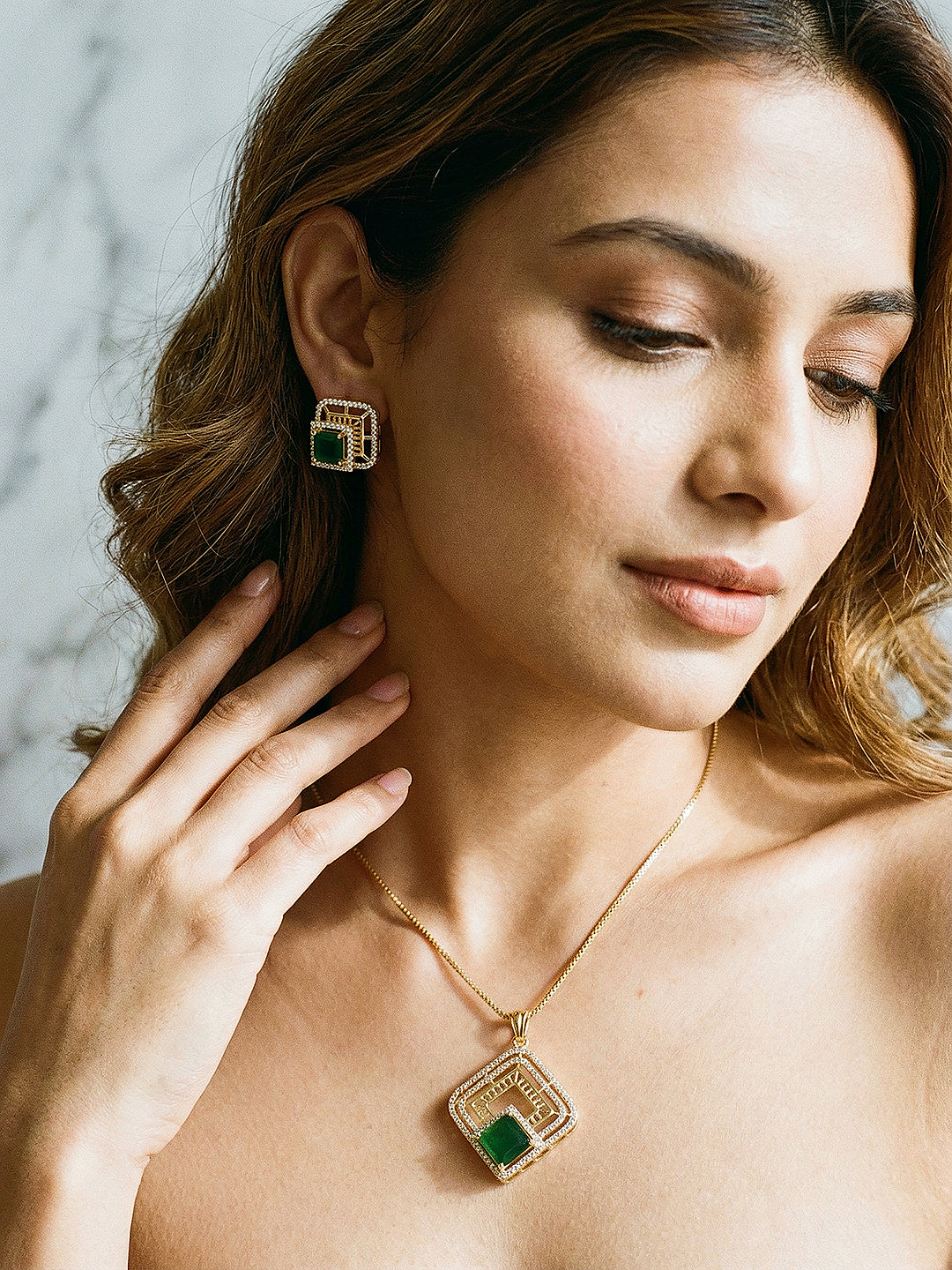Gold Plated Emerald Green AD Minimal Desiigner pendant Jewellery Set