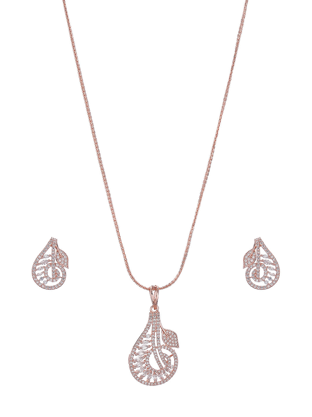 Rose Plated AD Zircon Studded  Leafy Minimal Pendant Jewellery Set