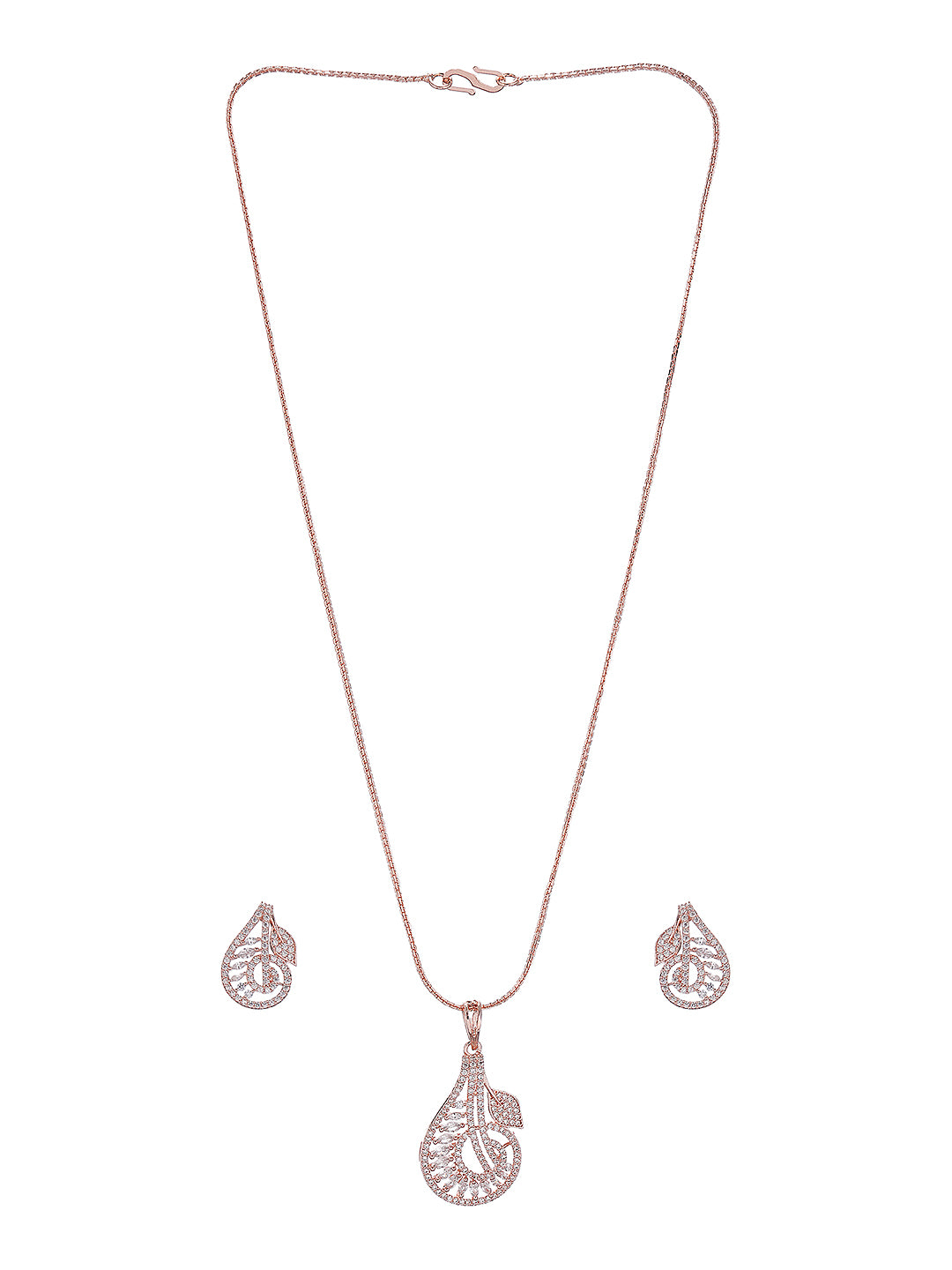 Rose Plated AD Zircon Studded  Leafy Minimal Pendant Jewellery Set