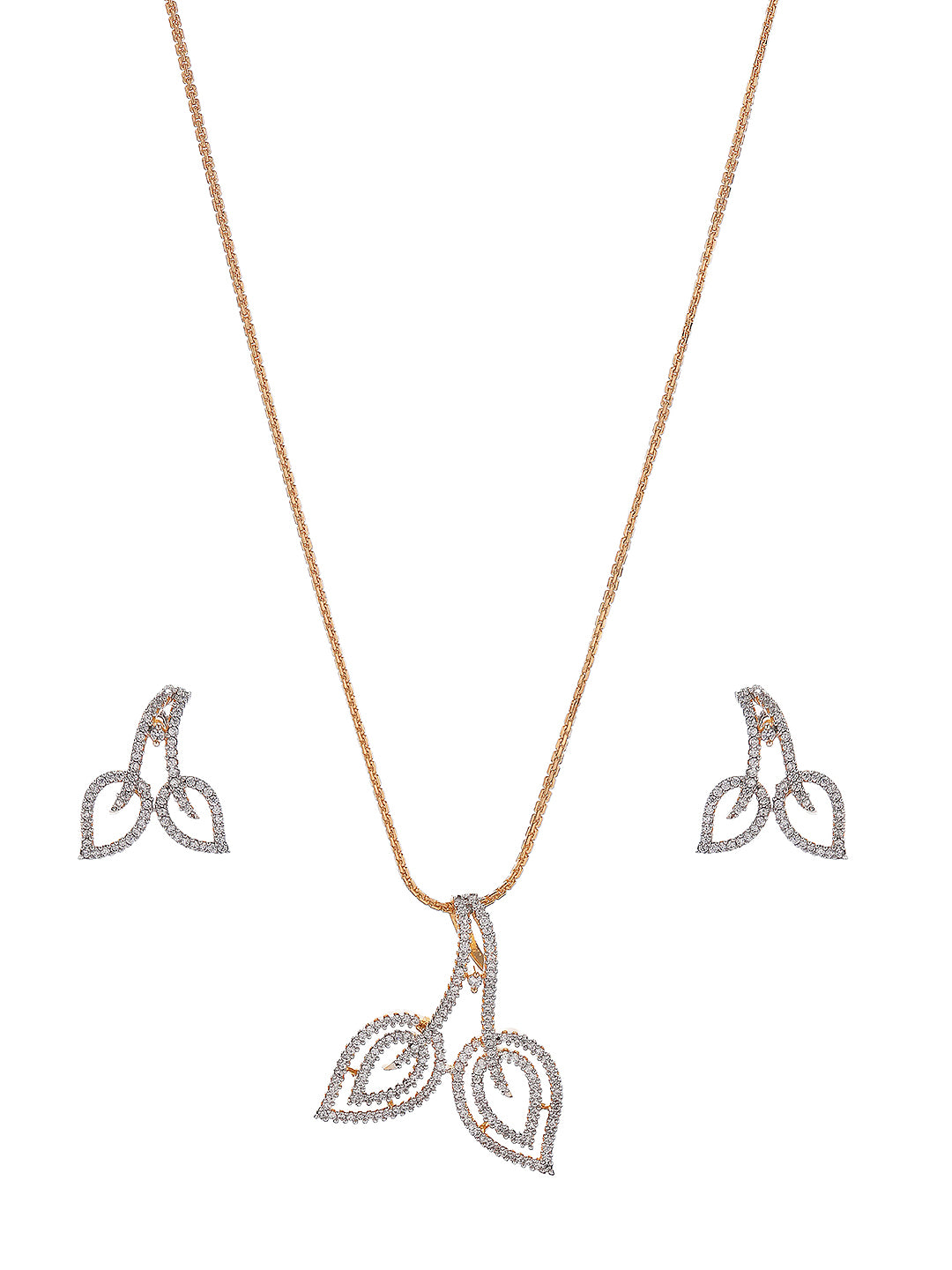 Gold Plated AD Zircon Studded Minimal Leaf Motif Pendant jewellery Set