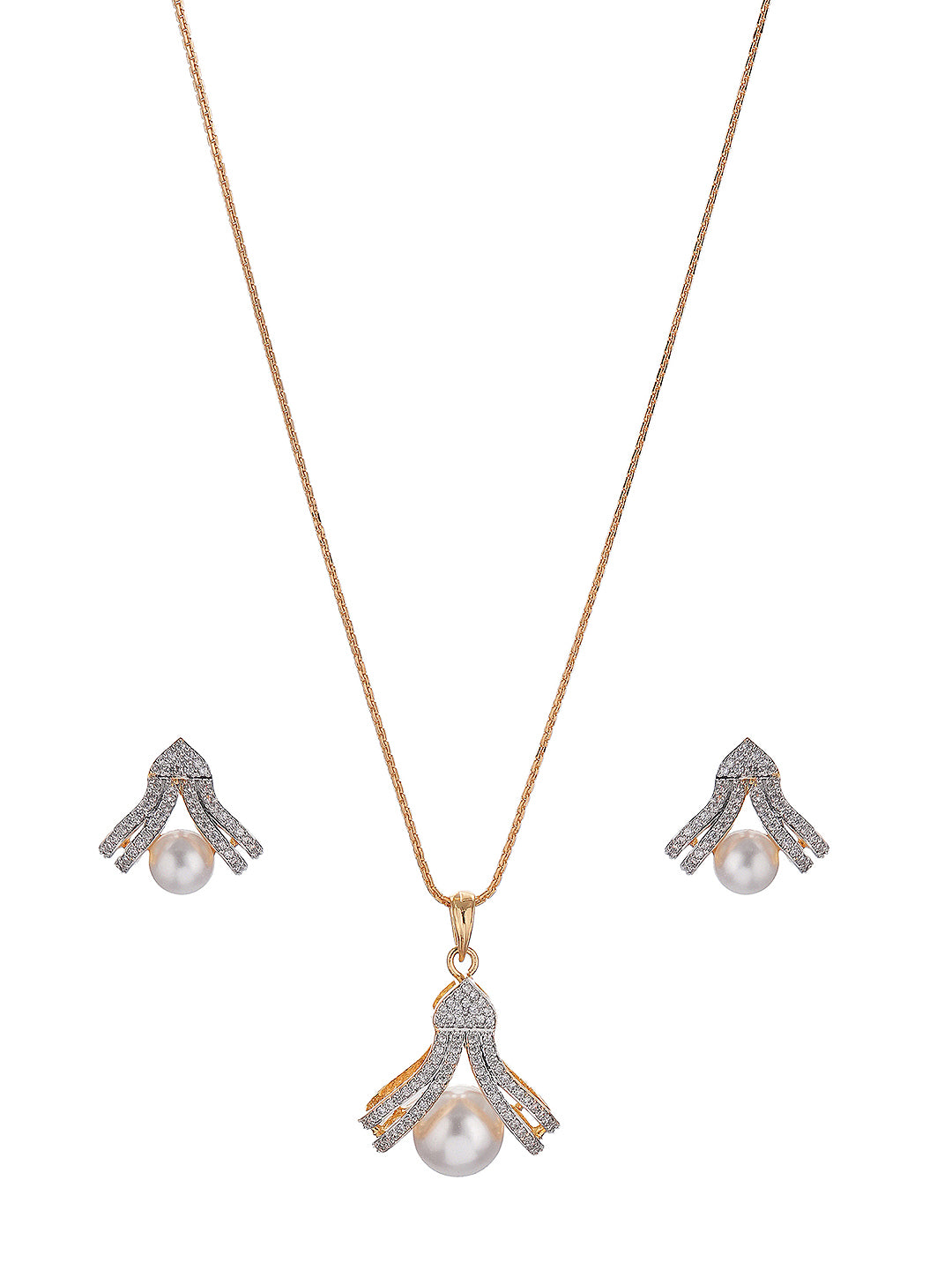 Gold Plated AD Zircon Pearl Studded Minimal Pendant Jewellery Set