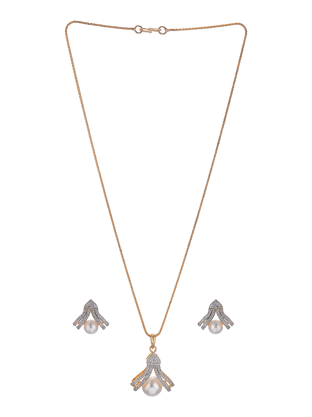 Gold Plated AD Zircon Pearl Studded Minimal Pendant Jewellery Set