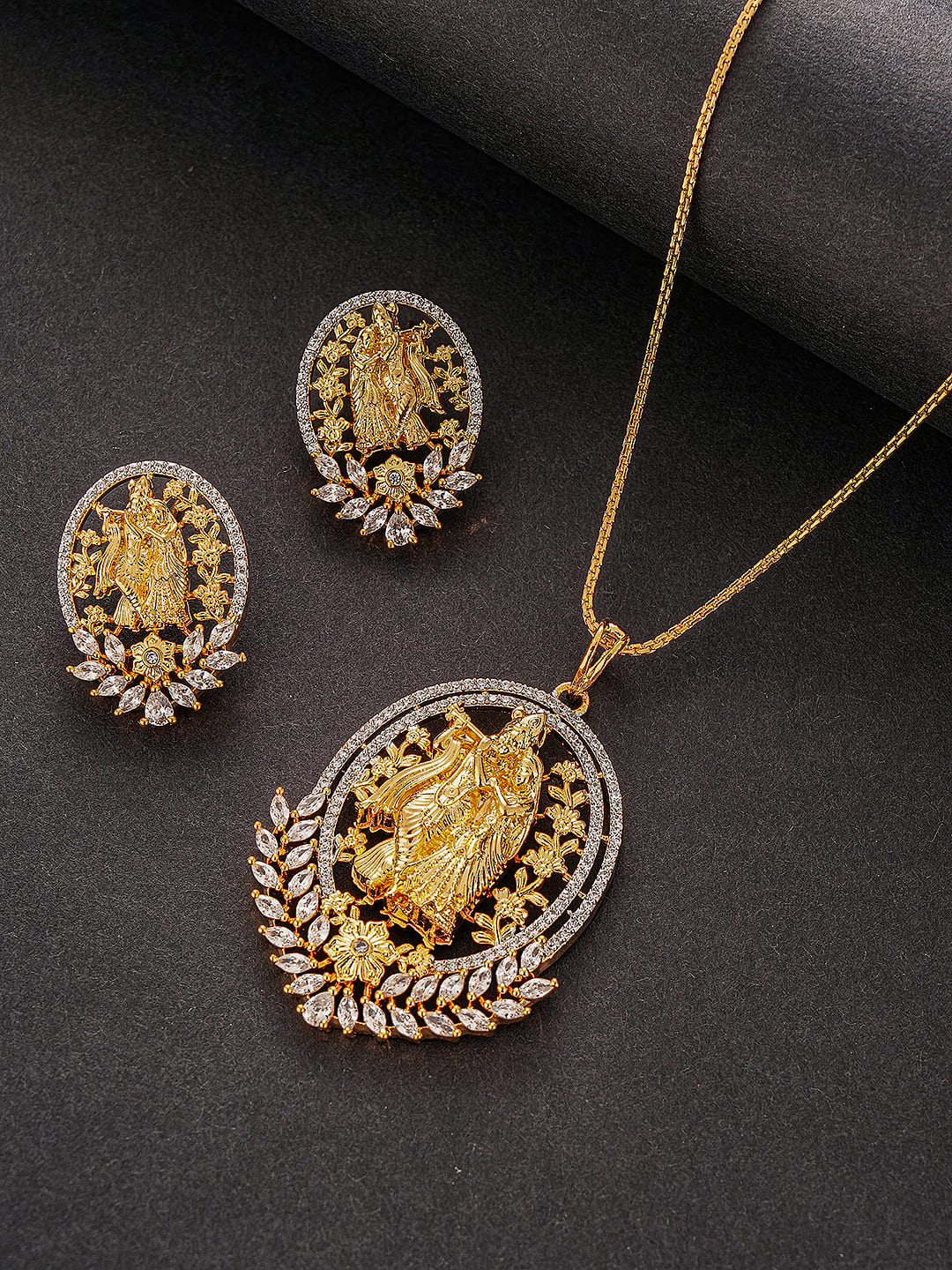 Gold Plated AD Zircon Minimal Temple Lord Krishna  Pendant Jewellery Set
