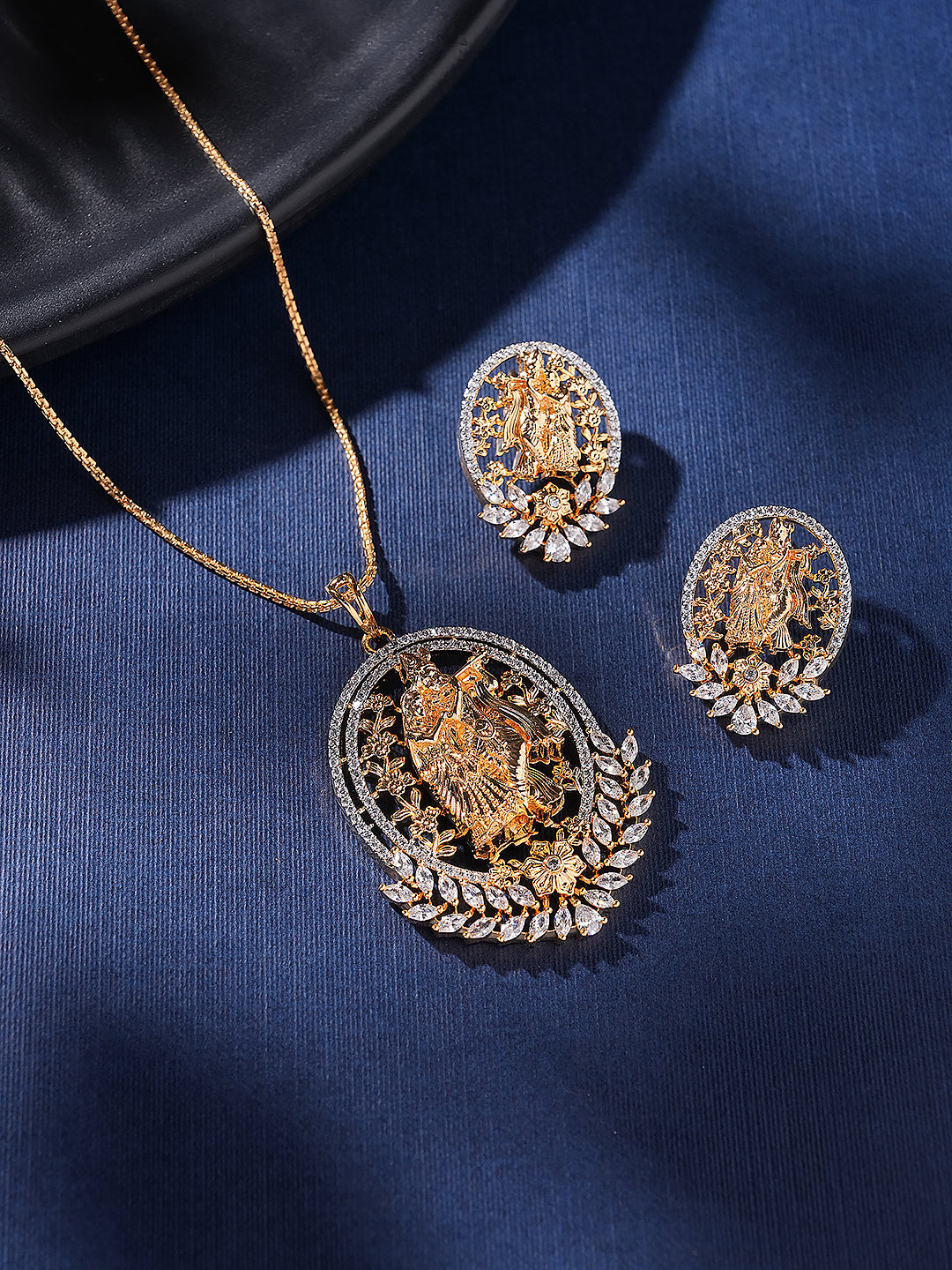 Gold Plated AD Zircon Minimal Temple Lord Krishna  Pendant Jewellery Set