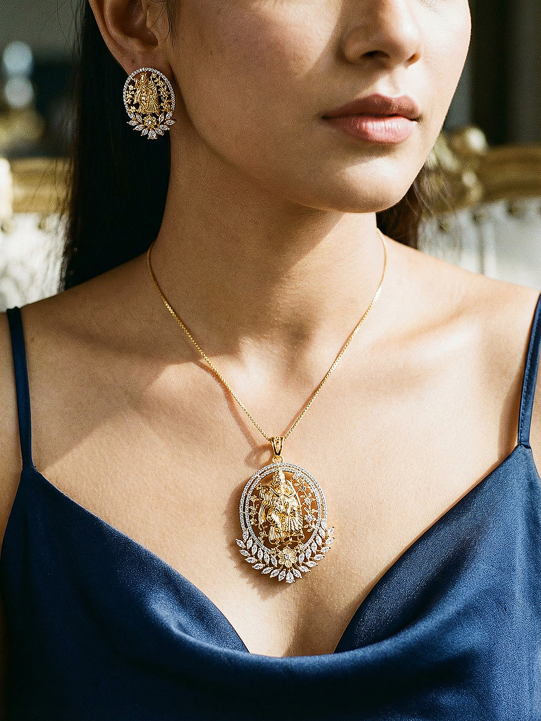 Gold Plated AD Zircon Minimal Temple Lord Krishna  Pendant Jewellery Set