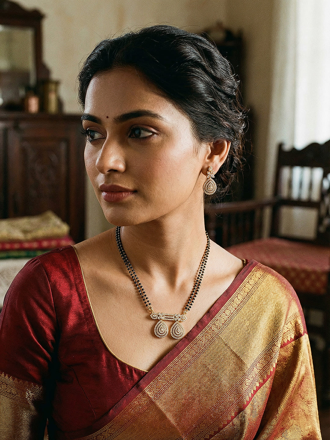 Gold Toned AD Zircon Studded Minimal Drop  Mangalsutra jewellery Set