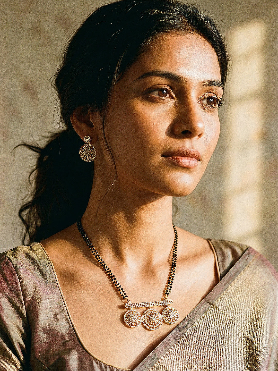 Gold Toned AD Zircon Studded Elegant Handcrafted Mangalsutra Jewellery Set