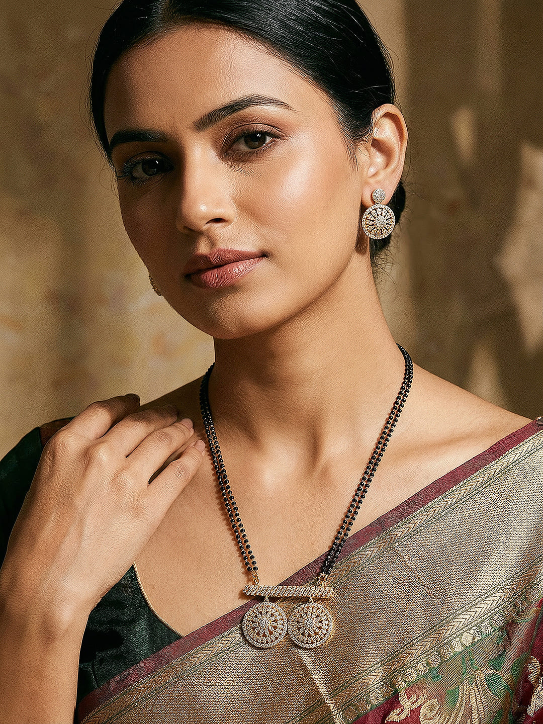 Gold Toned AD Zircon Studded Elegant Handcrafted Mangalsutra Jewellery Set