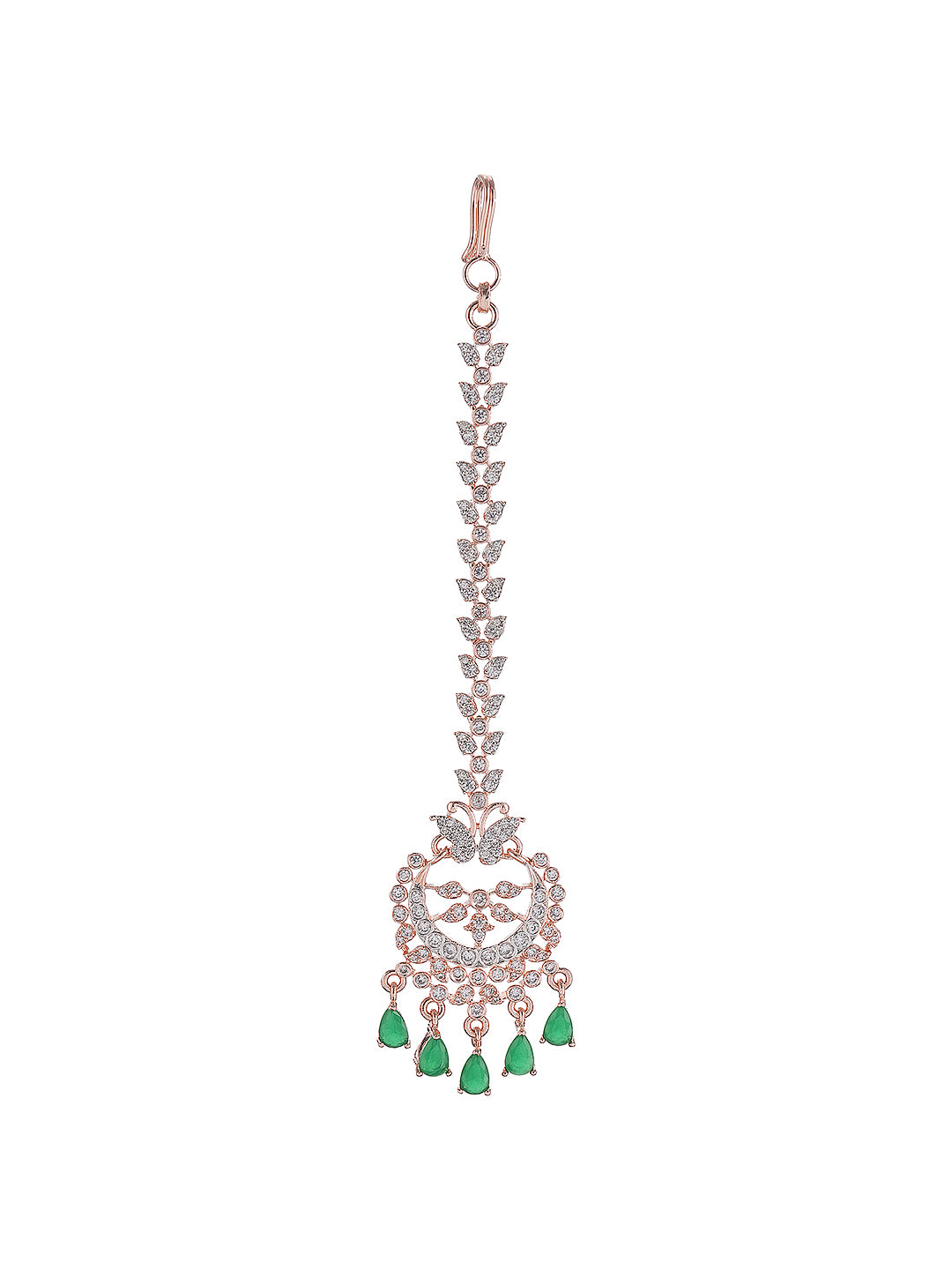 Rose Toned White AD Zircon Studded Green Drops Minimal Mangtika