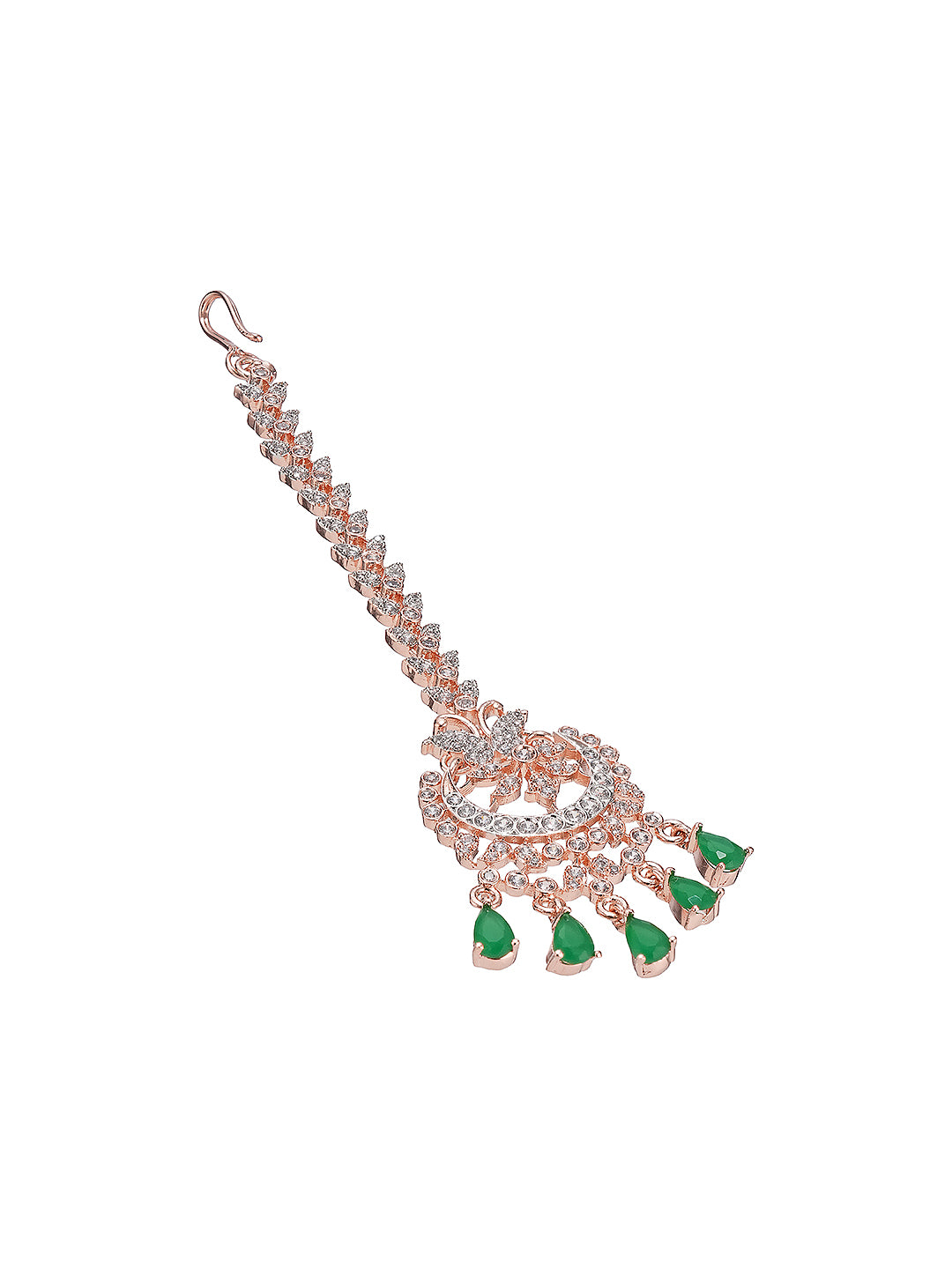 Rose Toned White AD Zircon Studded Green Drops Minimal Mangtika