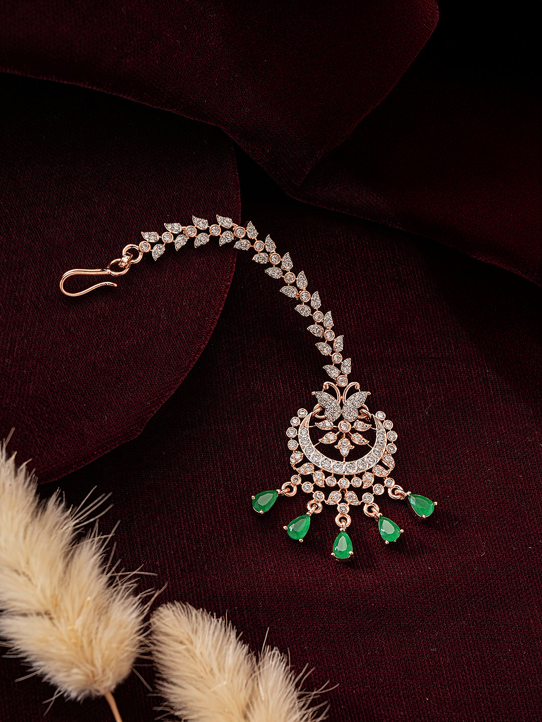 Rose Toned White AD Zircon Studded Green Drops Minimal Mangtika