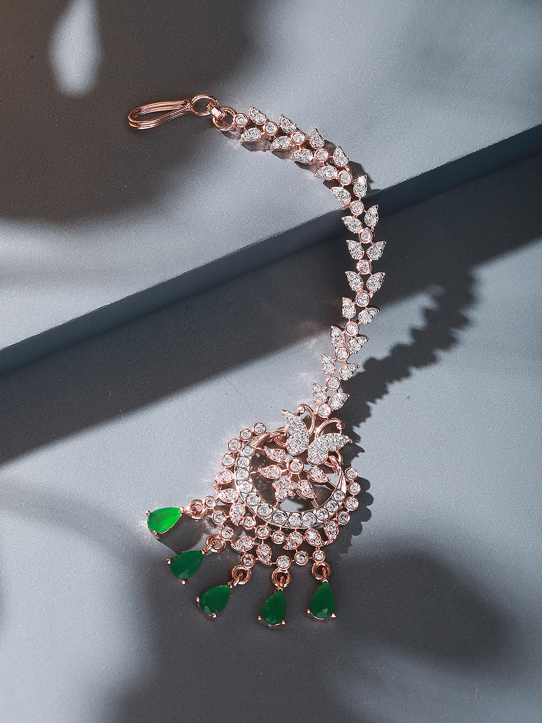 Rose Toned White AD Zircon Studded Green Drops Minimal Mangtika