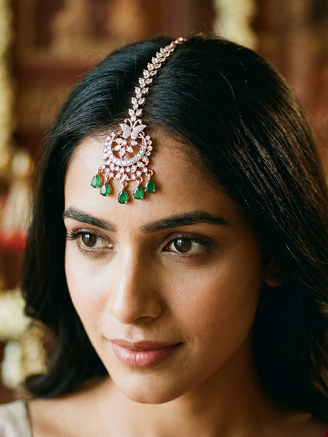 Rose Toned White AD Zircon Studded Green Drops Minimal Mangtika