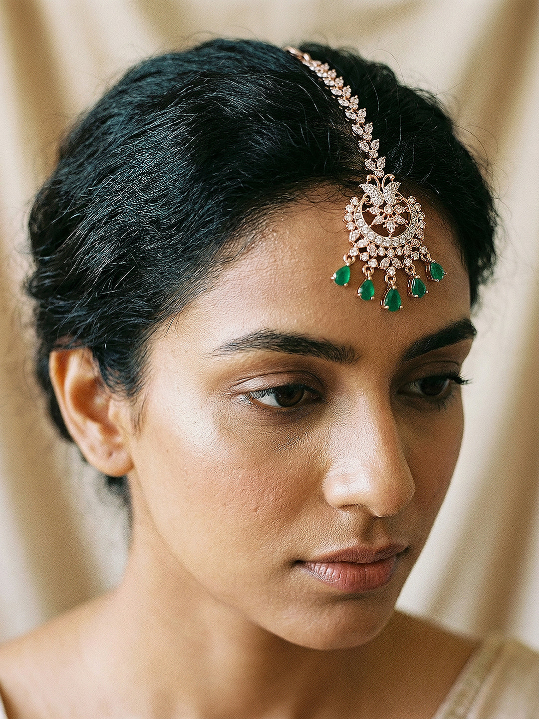 Rose Toned White AD Zircon Studded Green Drops Minimal Mangtika