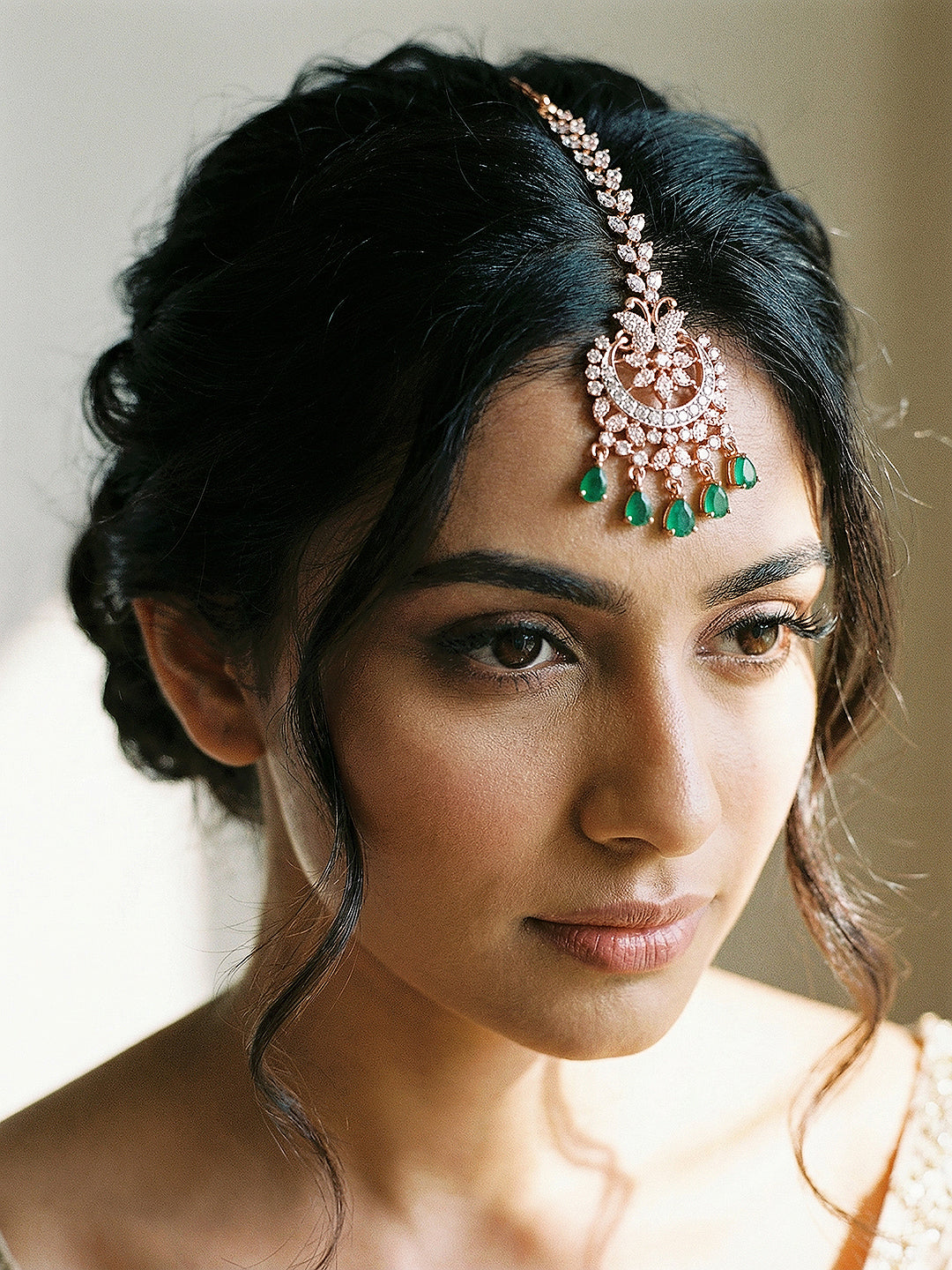 Rose Toned White AD Zircon Studded Green Drops Minimal Mangtika