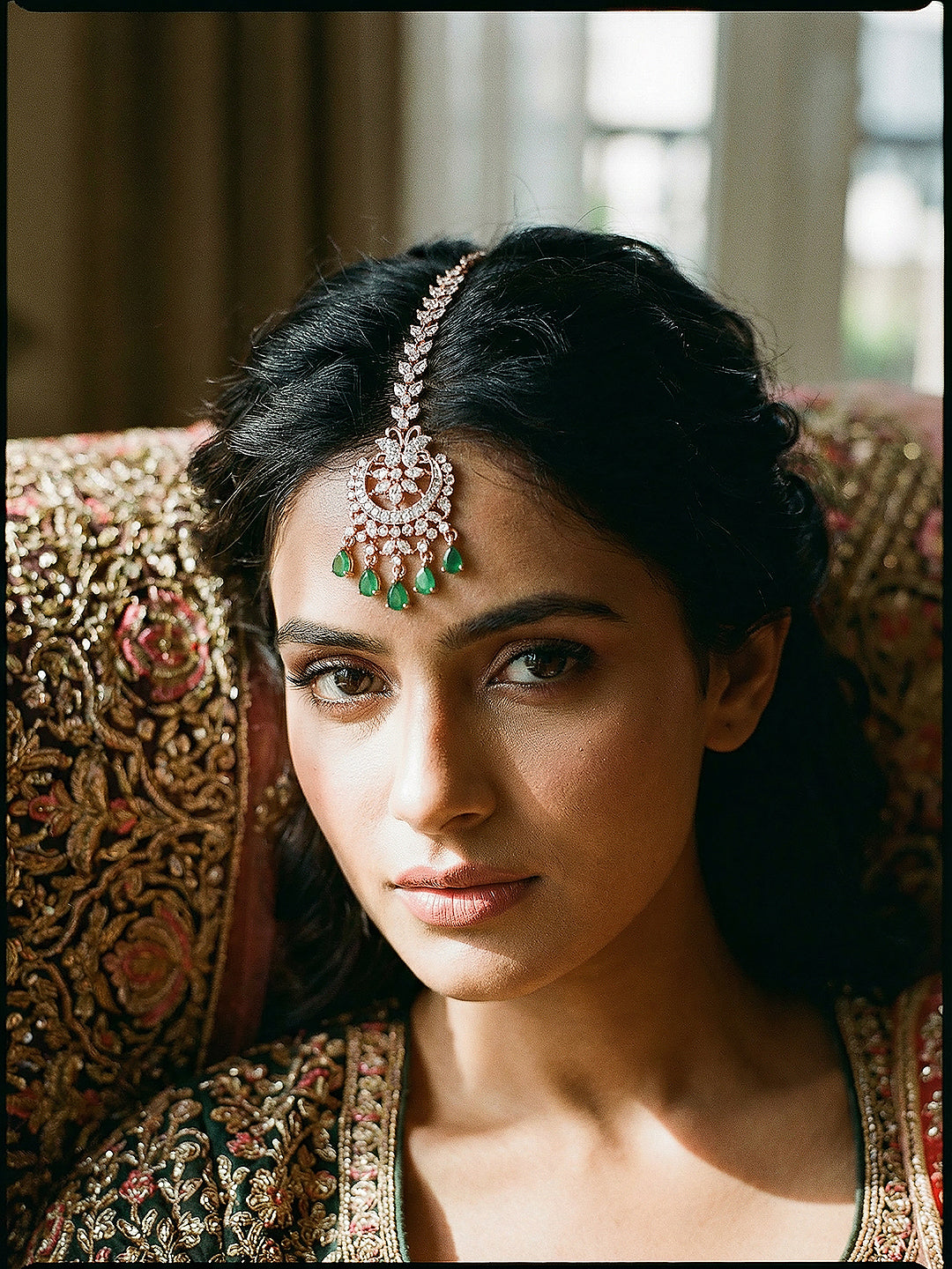 Rose Toned White AD Zircon Studded Green Drops Minimal Mangtika
