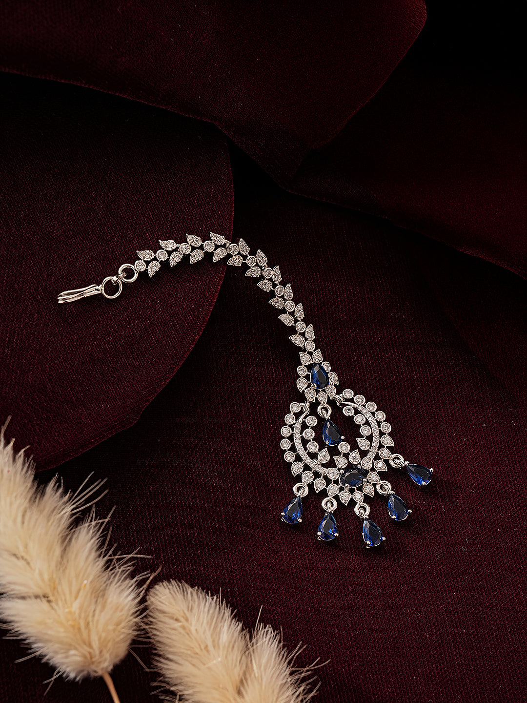 Silver Plated White & Blue AD Studded Minimal Mangtika