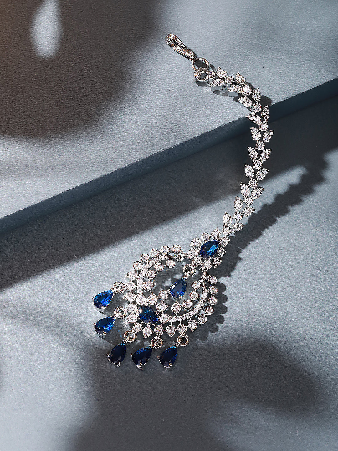 Silver Plated White & Blue AD Studded Minimal Mangtika
