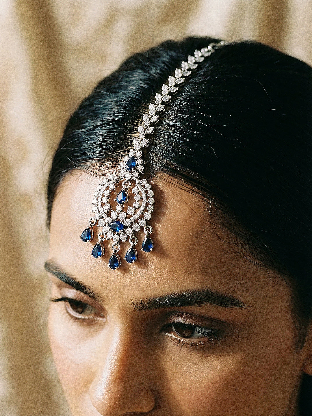 Silver Plated White & Blue AD Studded Minimal Mangtika