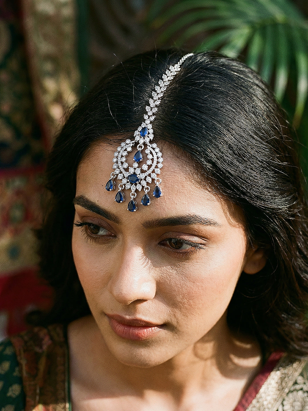 Silver Plated White & Blue AD Studded Minimal Mangtika