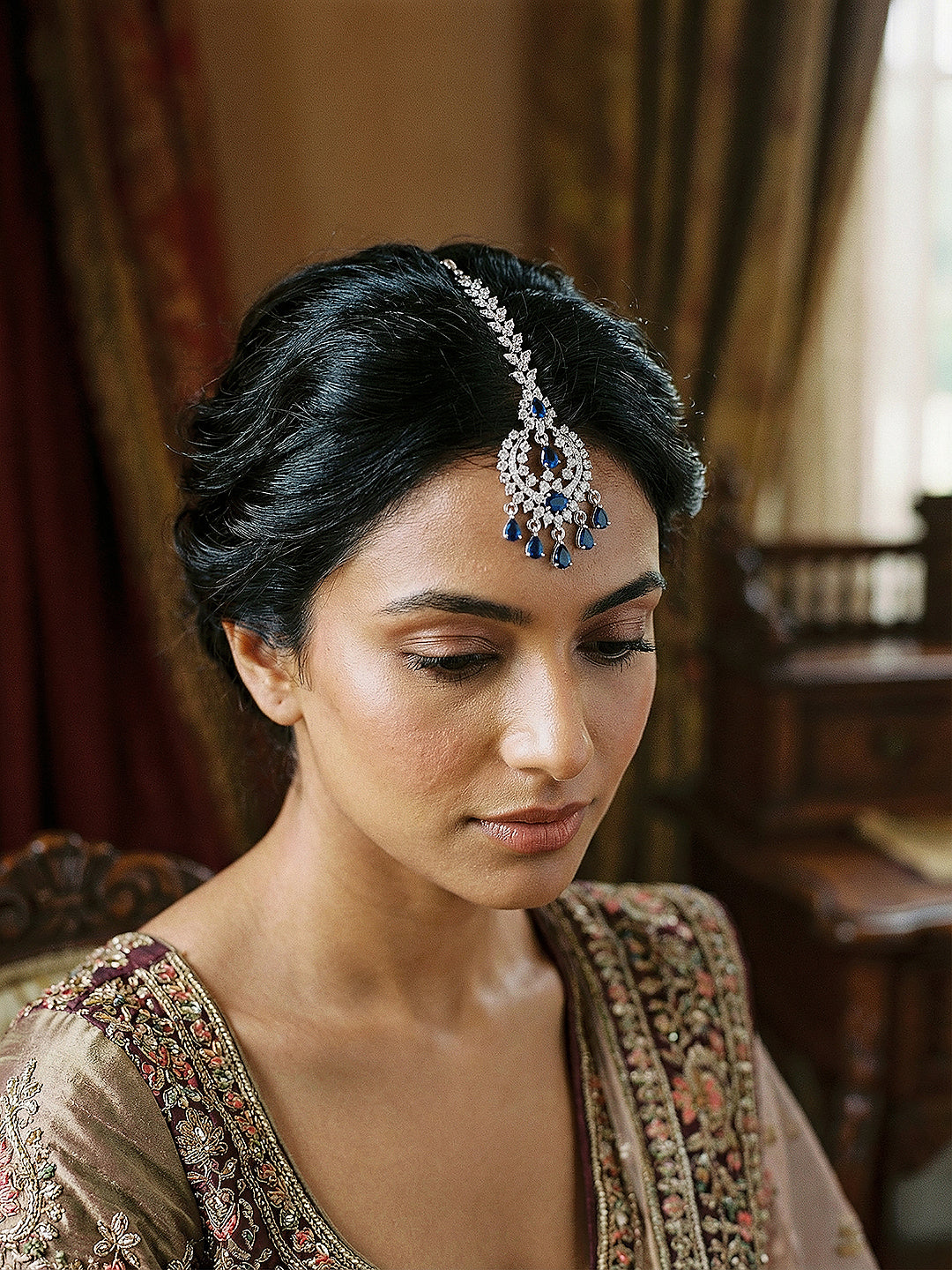 Silver Plated White & Blue AD Studded Minimal Mangtika