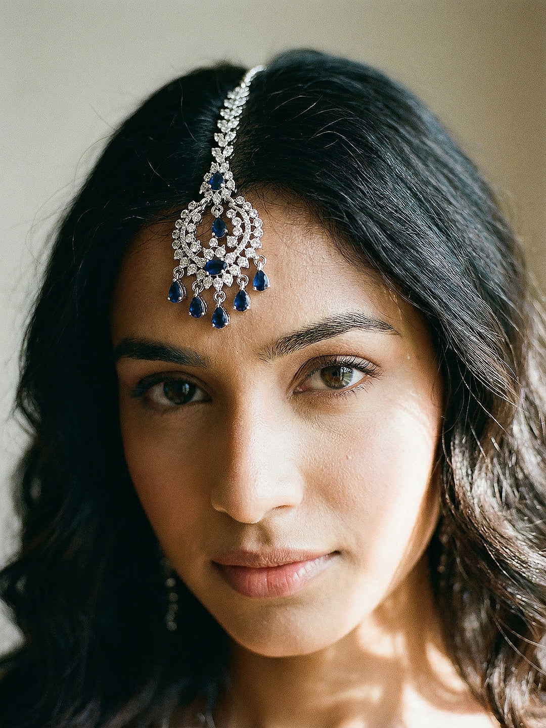 Silver Plated White & Blue AD Studded Minimal Mangtika