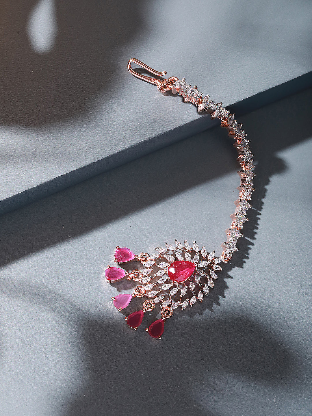 Rose Gold Plated White AD & Red Zircon Studded Elegant Mang Tika