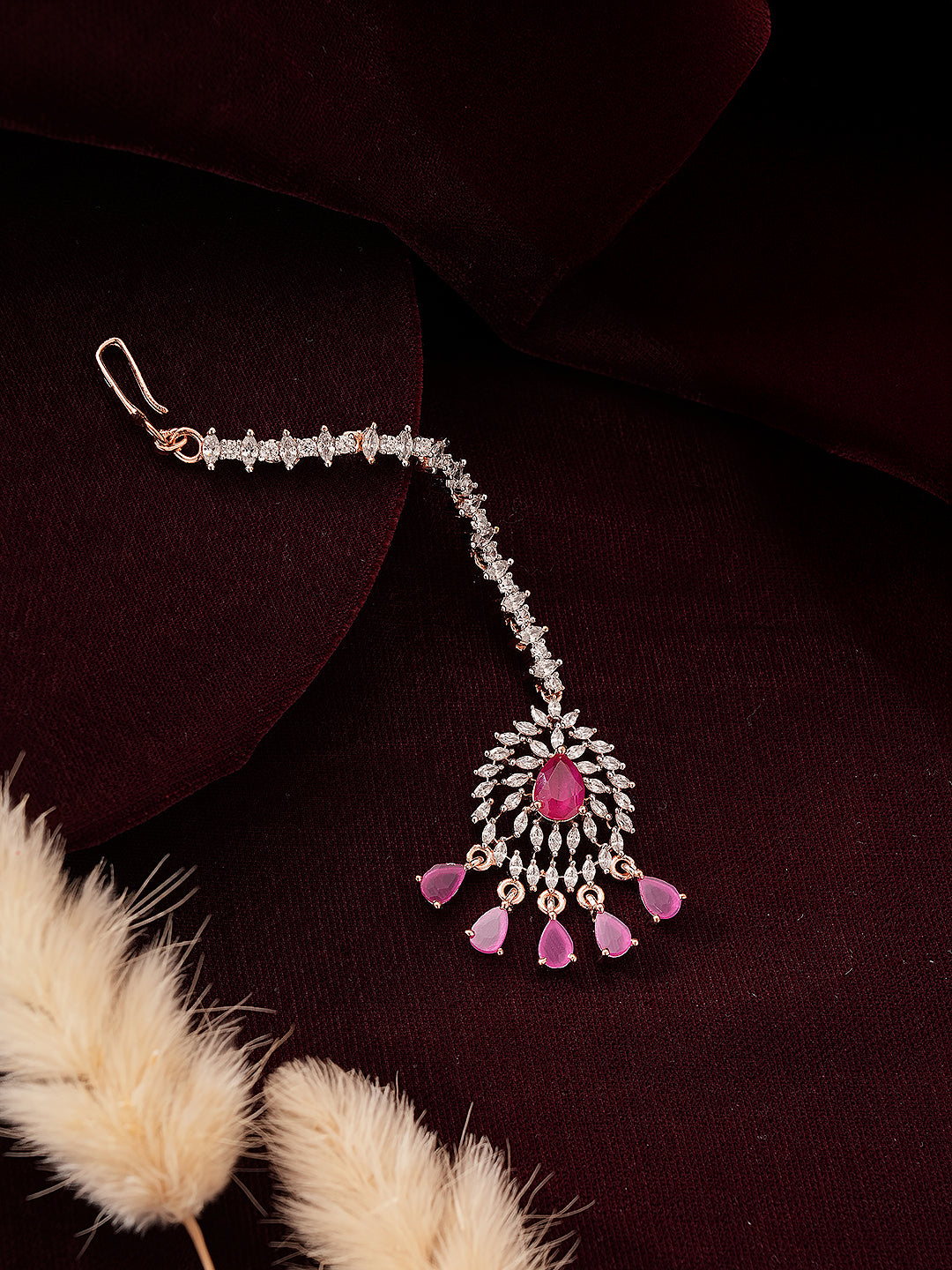 Rose Gold Plated White AD & Red Zircon Studded Elegant Mang Tika