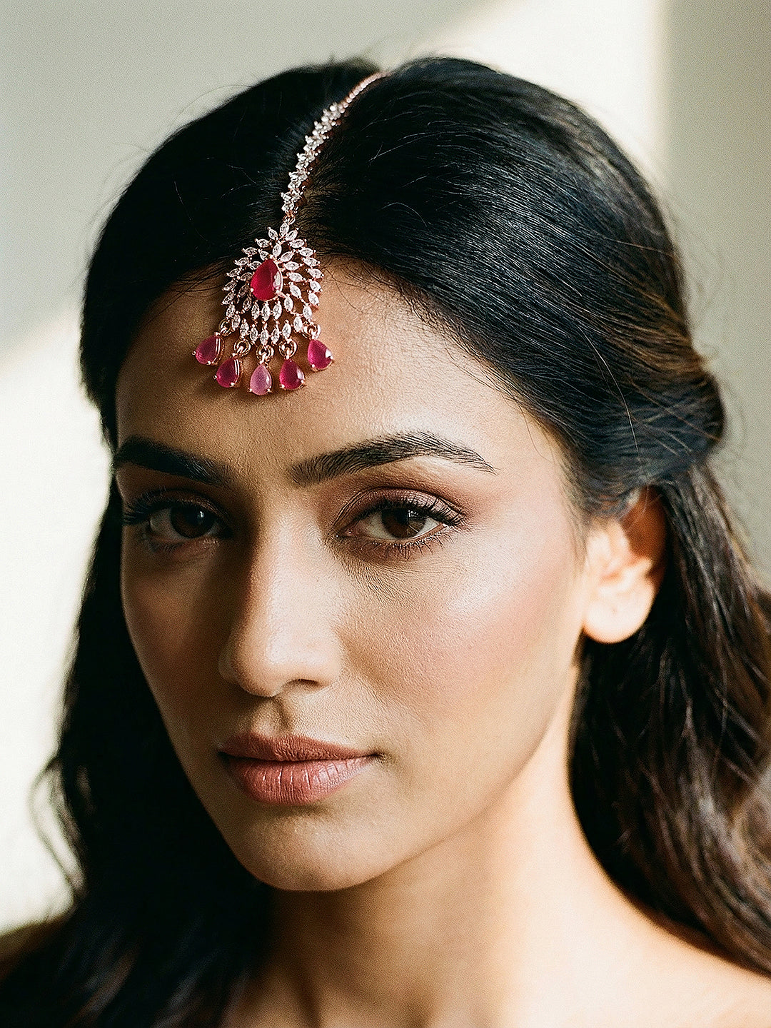 Rose Gold Plated White AD & Red Zircon Studded Elegant Mang Tika