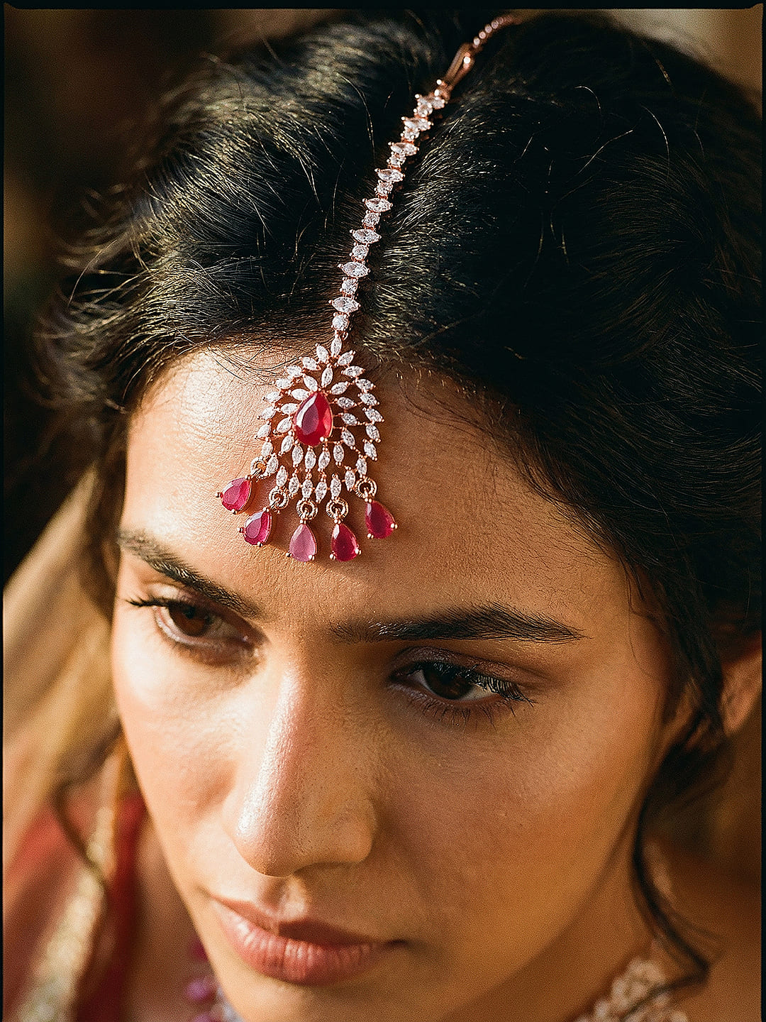 Rose Gold Plated White AD & Red Zircon Studded Elegant Mang Tika