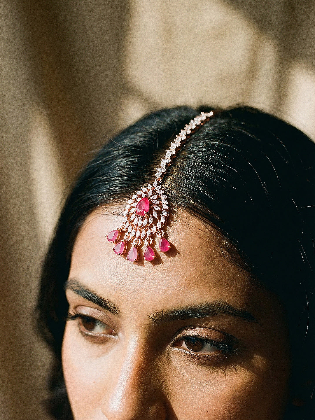Rose Gold Plated White AD & Red Zircon Studded Elegant Mang Tika