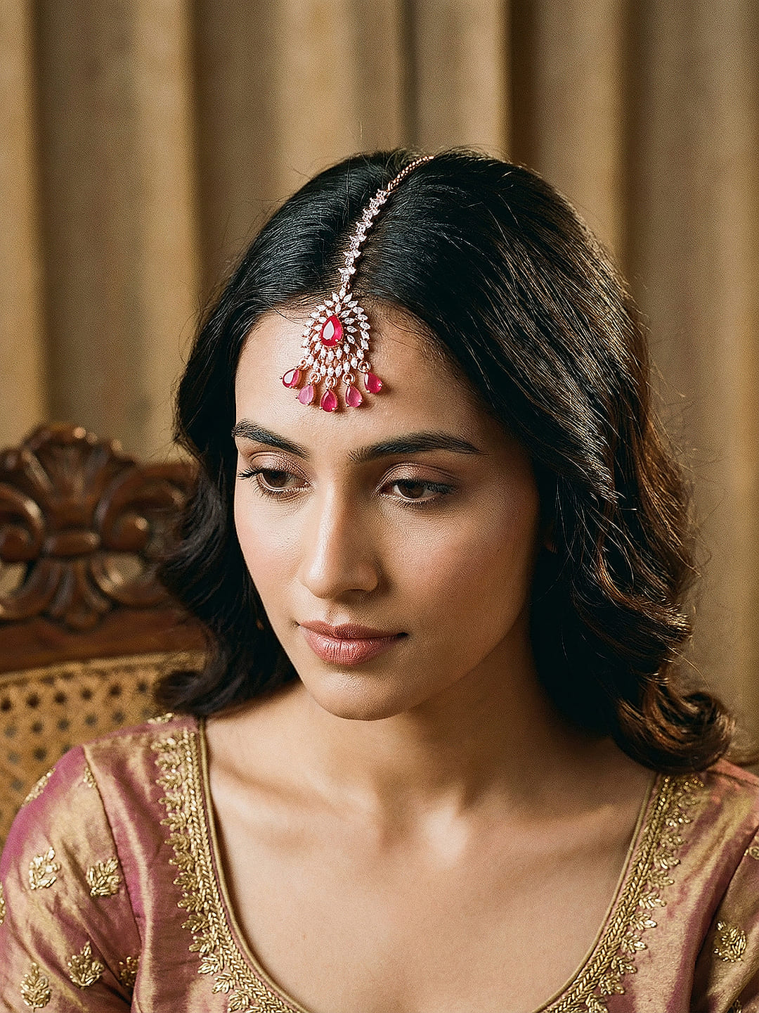 Rose Gold Plated White AD & Red Zircon Studded Elegant Mang Tika